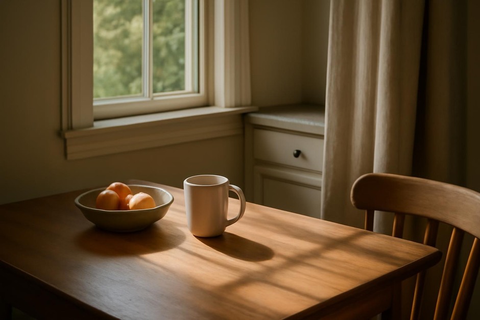 Soft window light falling across a kitchen table