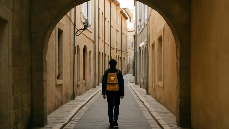 A person framed by an archway on a narrow street