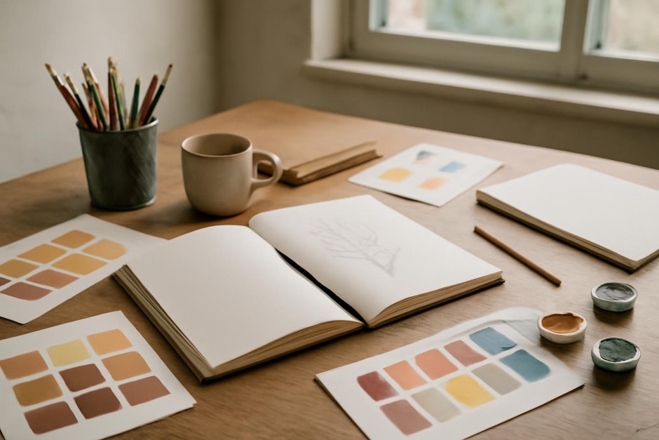 Abstract art desk with color swatches, brush marks, and sketchbook studies.