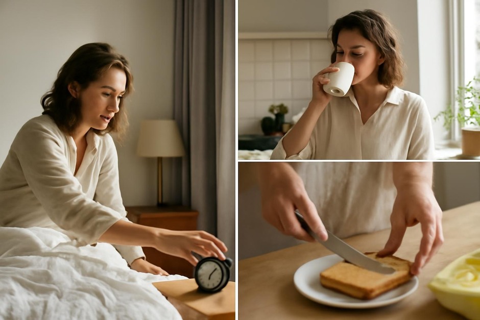A triptych of images showing morning ritual moments